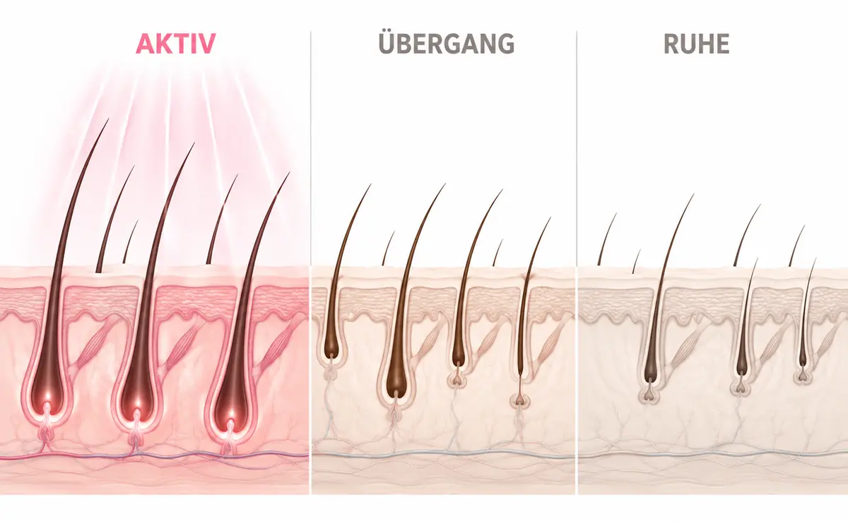 Schematische Darstellung der Haarwachstumsphasen Aktiv, Übergang und Ruhe
