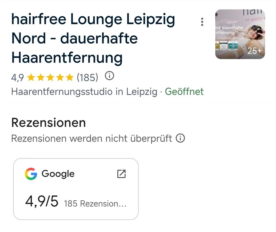Google-Screenshot der hairfree Lounge Leipzig Nord mit 4,9 Sternen und 185 Rezensionen