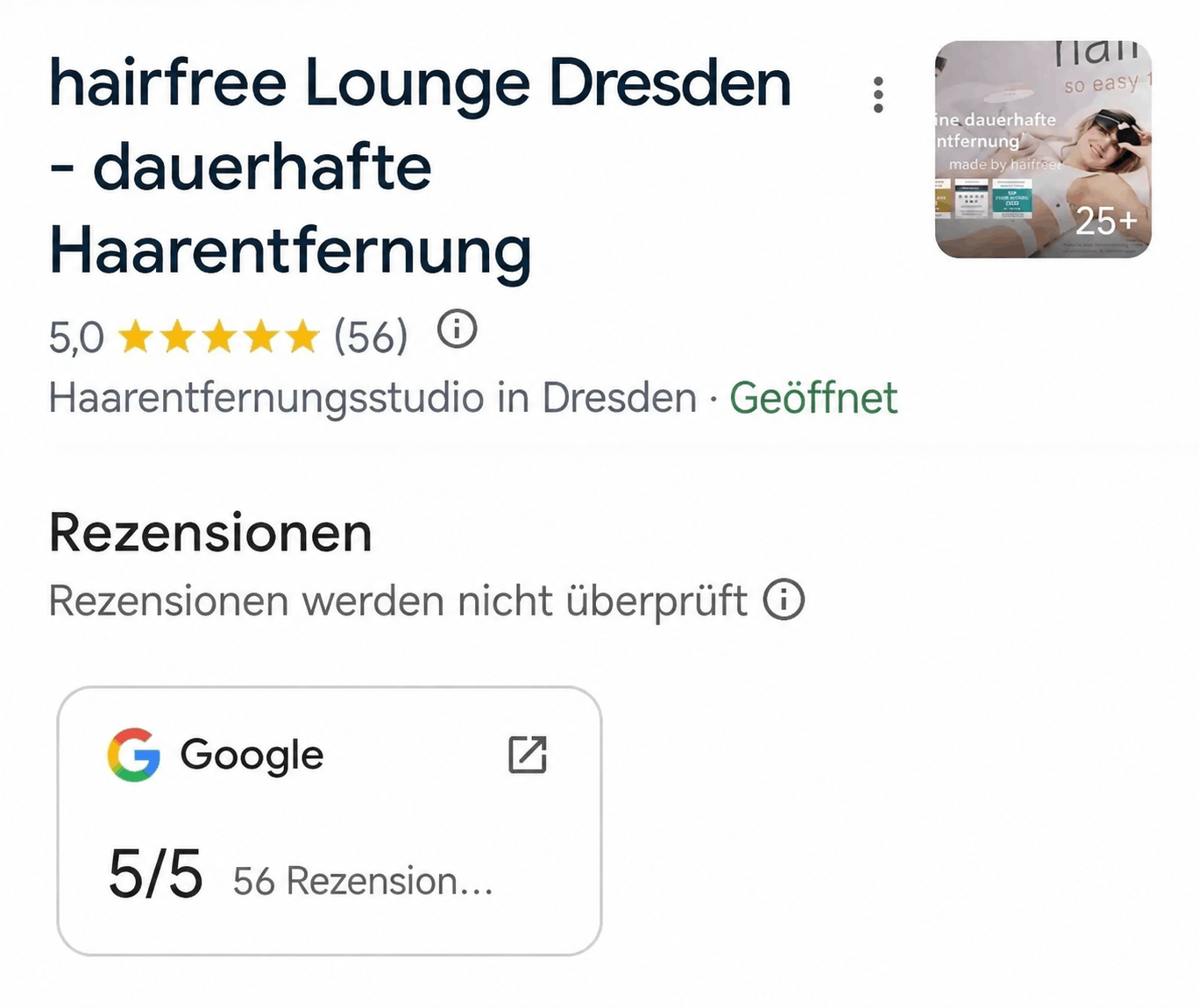 Google-Screenshot der hairfree Lounge Leipzig Nord mit 4,9 Sternen und 185 Rezensionen